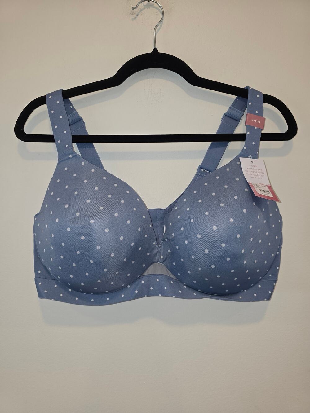 NWT Cacique Lightly Lined Plunge Blue Poka Dots size 42DDD with wire